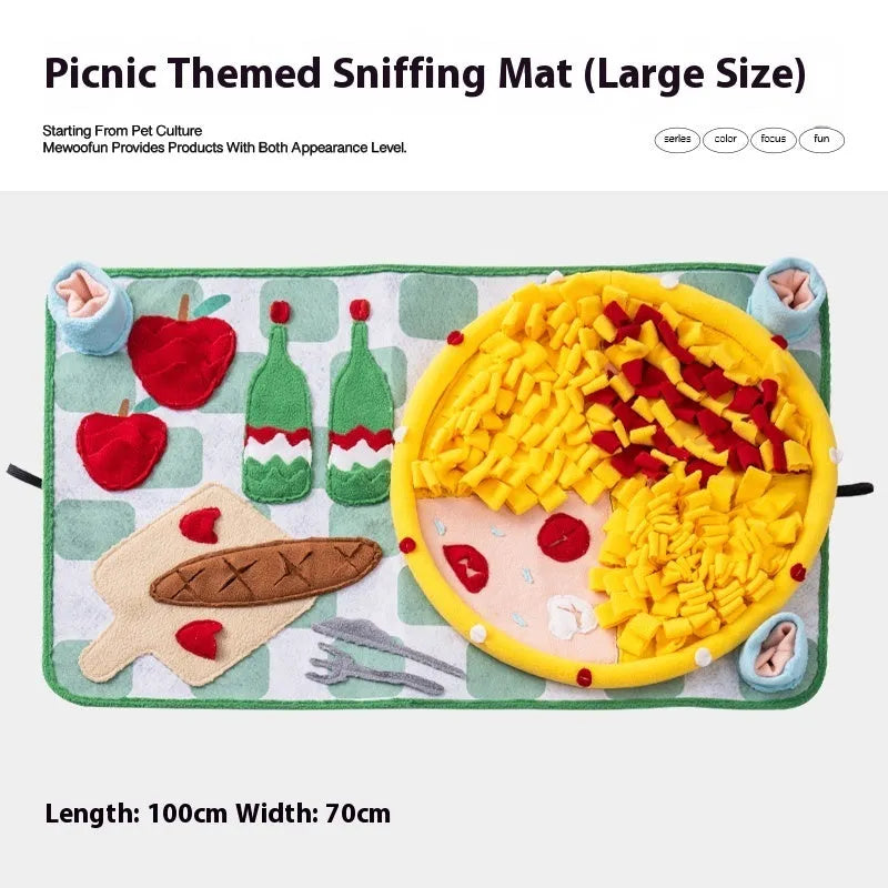 Plastic dog sniffing mat with fabric texture for hiding treats, showing themed Garden Camping smell pad design