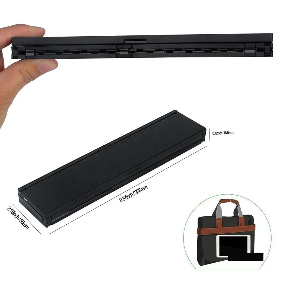 Mini folding ultra-thin wireless Bluetooth keyboard in black or white for tablets and smartphones.