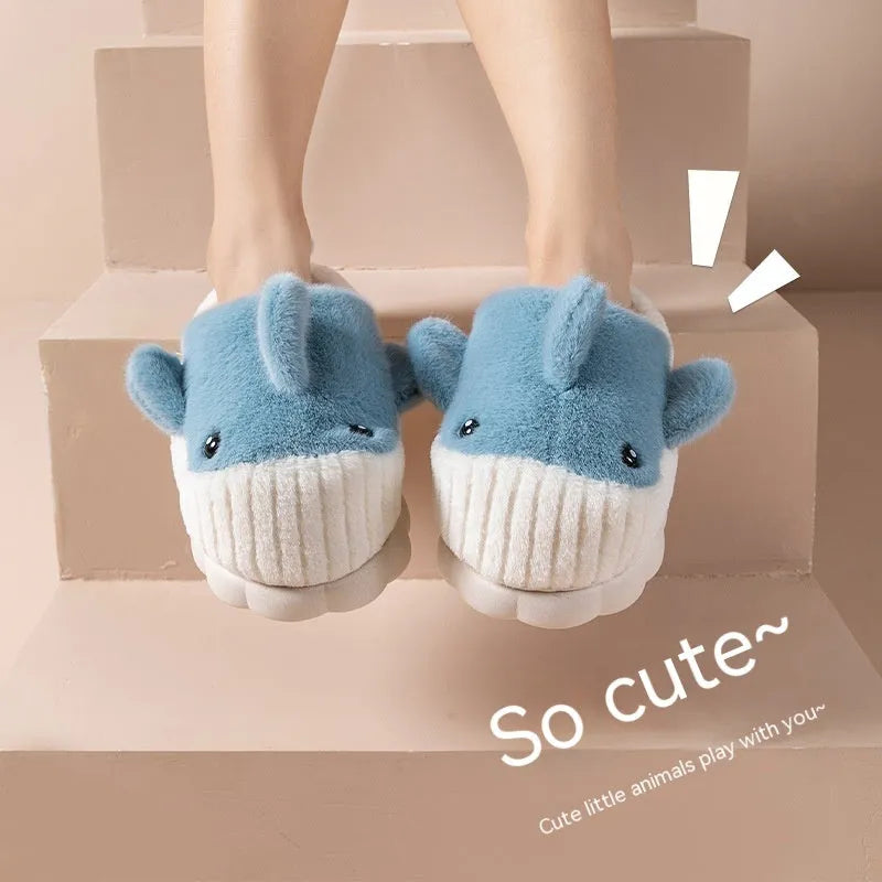 Women's shark slippers with fluffy upper and thick sole, available in black, sky blue, and brown.