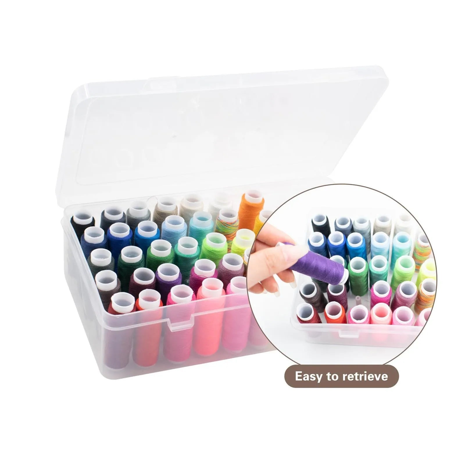 42 compartment plastic sewing tool organiser box with transparent lid showing needles and embroidery tools inside