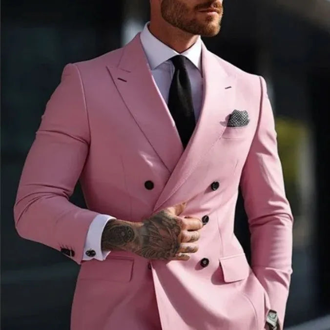 Men's Korean slim fit two-piece suit with structured jacket, available in multiple colours including navy blue and olive green