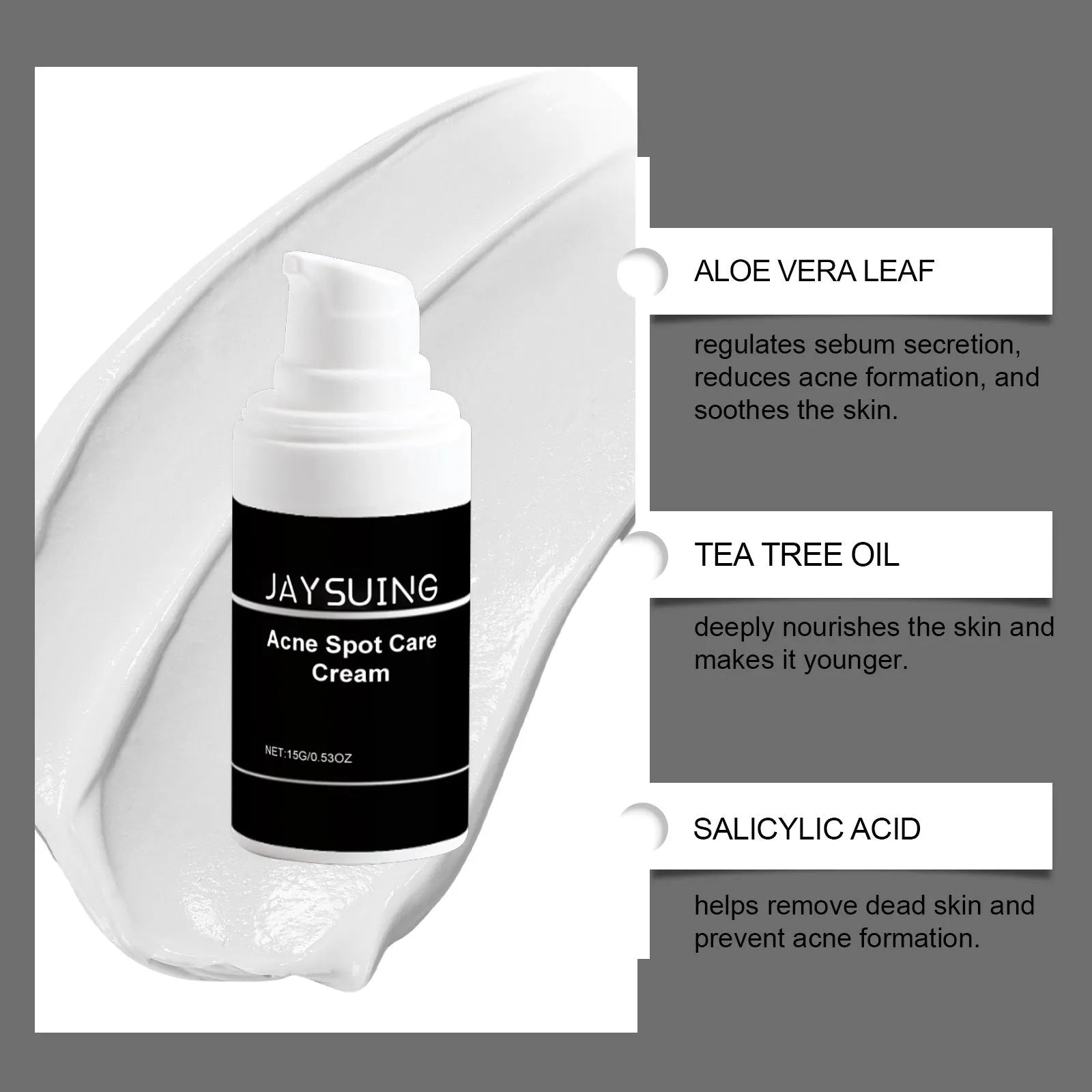 15g tube of acne cream with mint leaf, tea tree oil and aloe vera ingredients