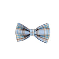 Sky blue and white grid pattern dog collar, leash, bow, and vest four-piece pet accessory set.