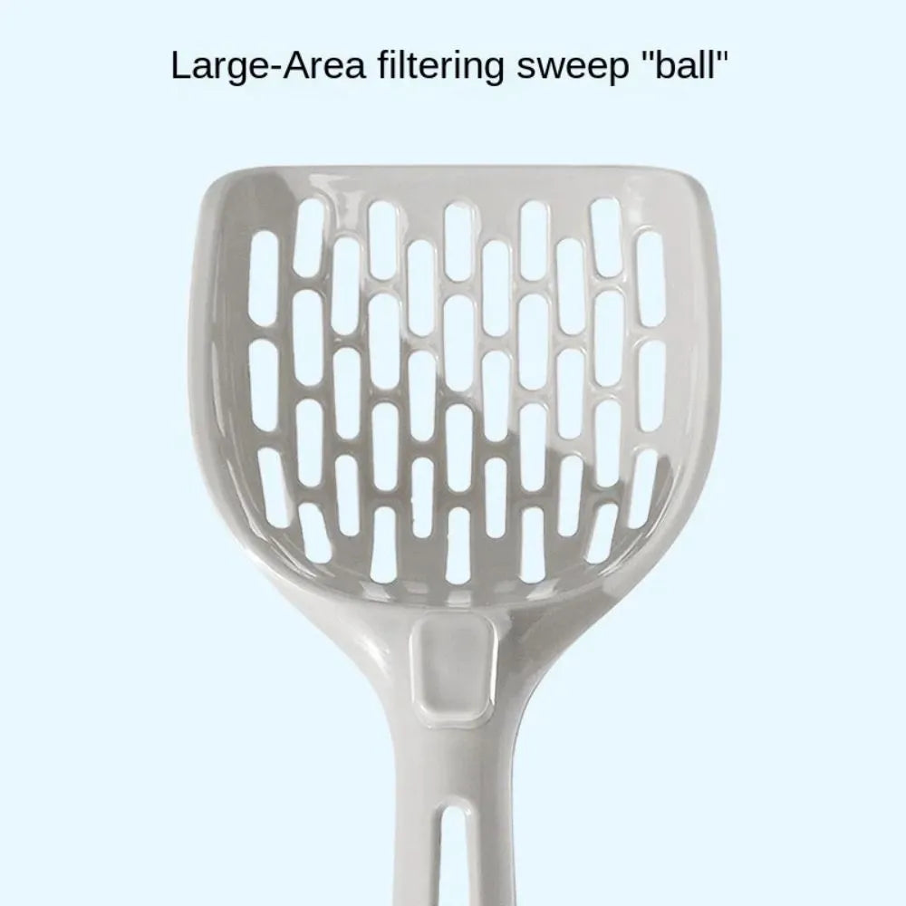 Gray plastic cat litter scoop with integrated base, showing 5mm sieve spacing and 30cm handle length