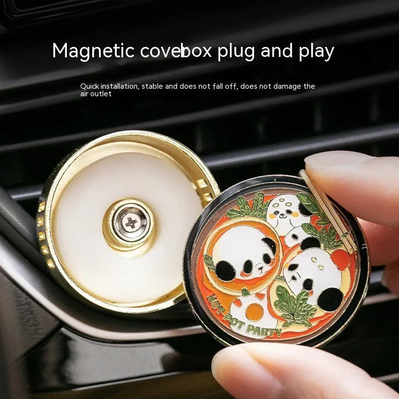 Panda hot pot shaped car air freshener diffuser mounted on a car vent with diatomaceous earth fragrance tablets