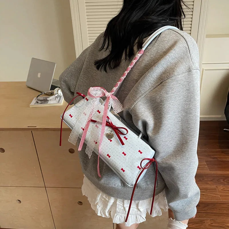 Women's bowknot underarm bag in beige or blue, nylon shoulder handbag 31x9x13 cm with double straps