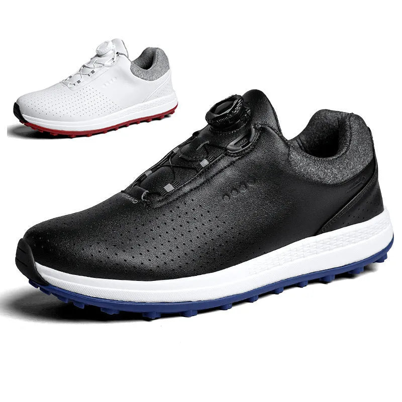 Men's white low-top casual golf shoe with breathable holes and non-slip rubber sole.
