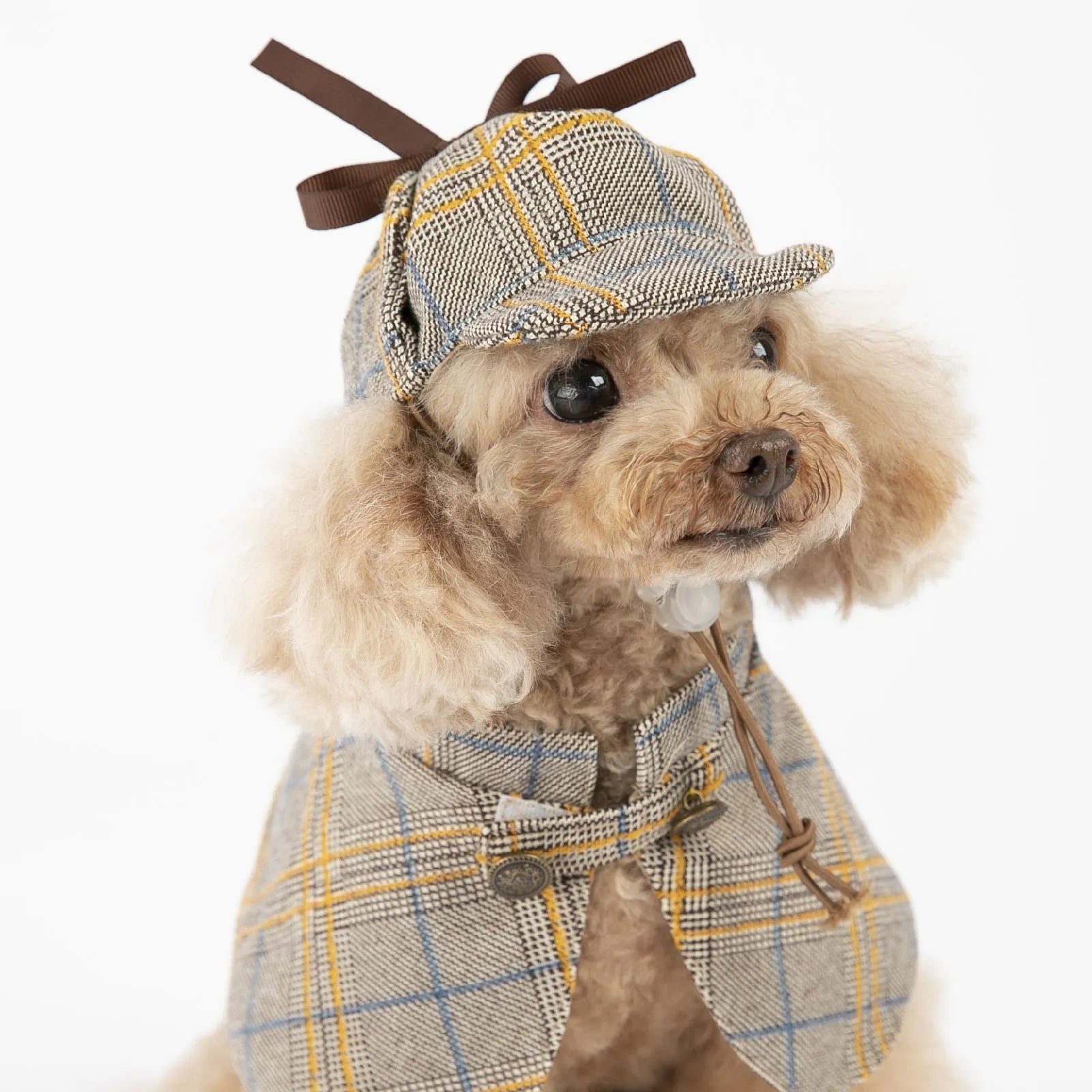 Camel-coloured cotton pet cloak with adjustable hat in detective suit style