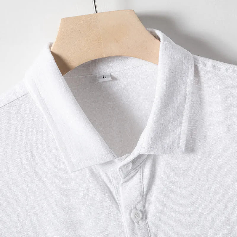 Men's linen blend T-shirt with loose lapel in black, optic linen, or white, sizes M to 5XL