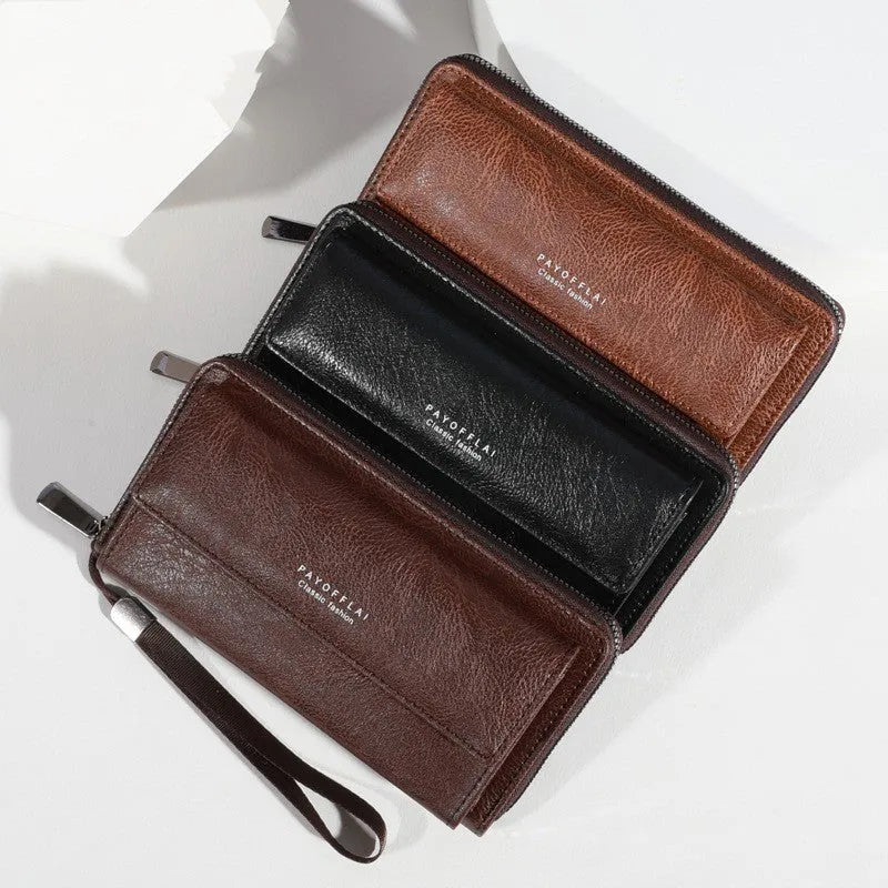 Men's black PU leather wallet showing multiple card slots, measuring 19cm by 10.5cm