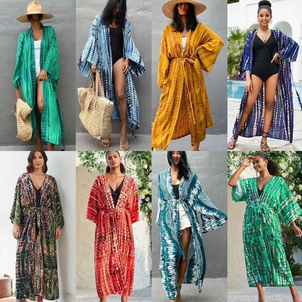 Printed loose beach cover-up blouse with 135cm length and 28cm sleeves in cotton fabric
