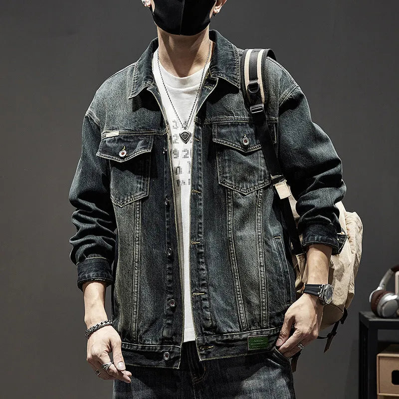 Men's heavy industry retro denim jacket in cotton, solid colour, sizes L to 7XL, dark blue and black options