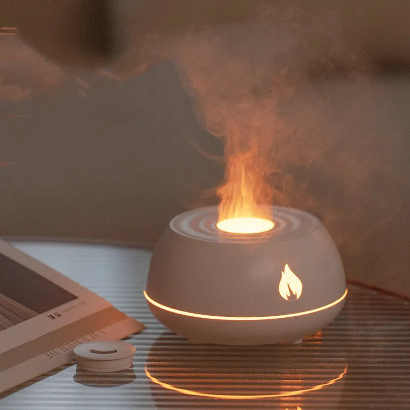 Black USB flame effect aromatherapy humidifier diffuser with LED lights and directional mist nozzle
