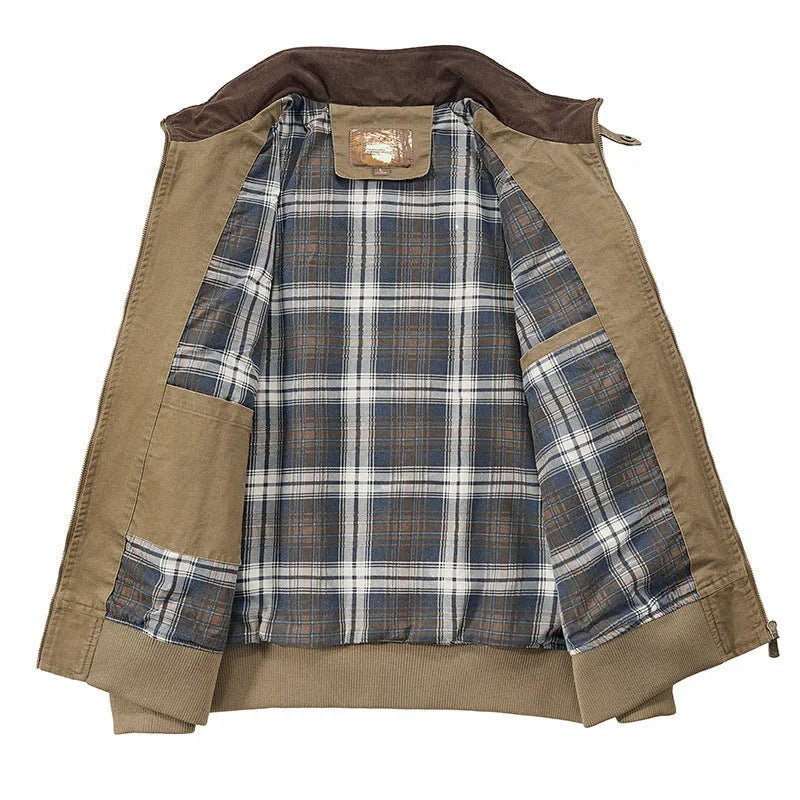 Men's beige washed cotton baseball-style flight jacket shown on a hanger.
