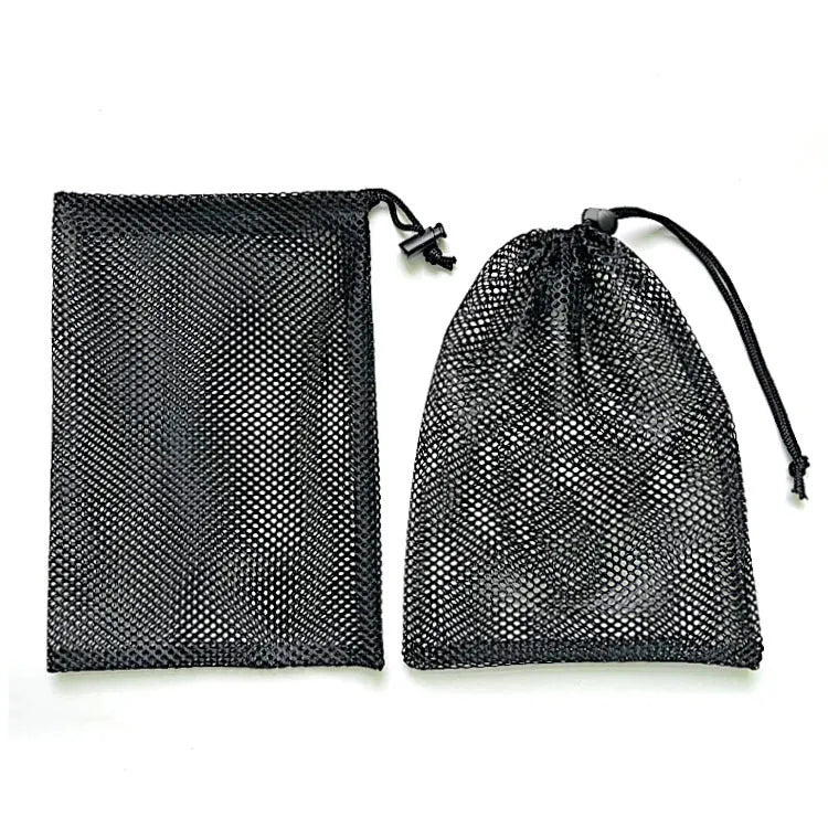 Black drawstring mesh storage bag for children's water balloons, shown in three sizes on a plain background.