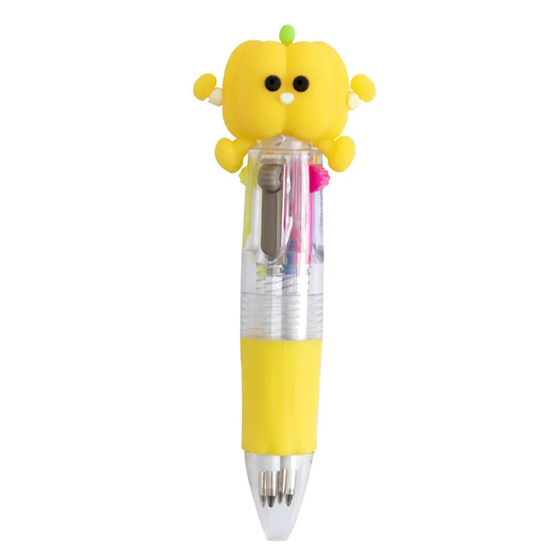 Cartoon-themed four-colour press ballpoint pen showing press mechanism and 0.7mm tip with themed design options