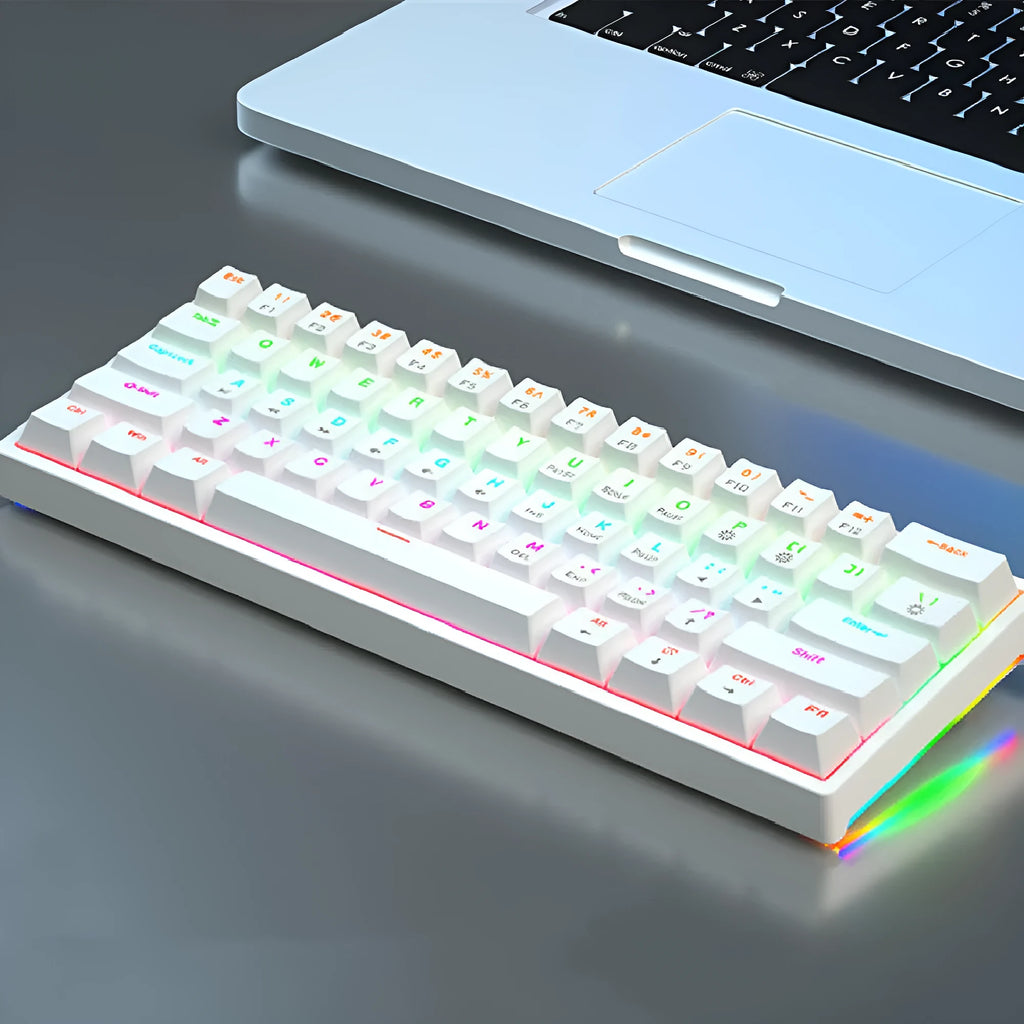 61-key compact mechanical keyboard with bluish-black design and hot-swap sockets