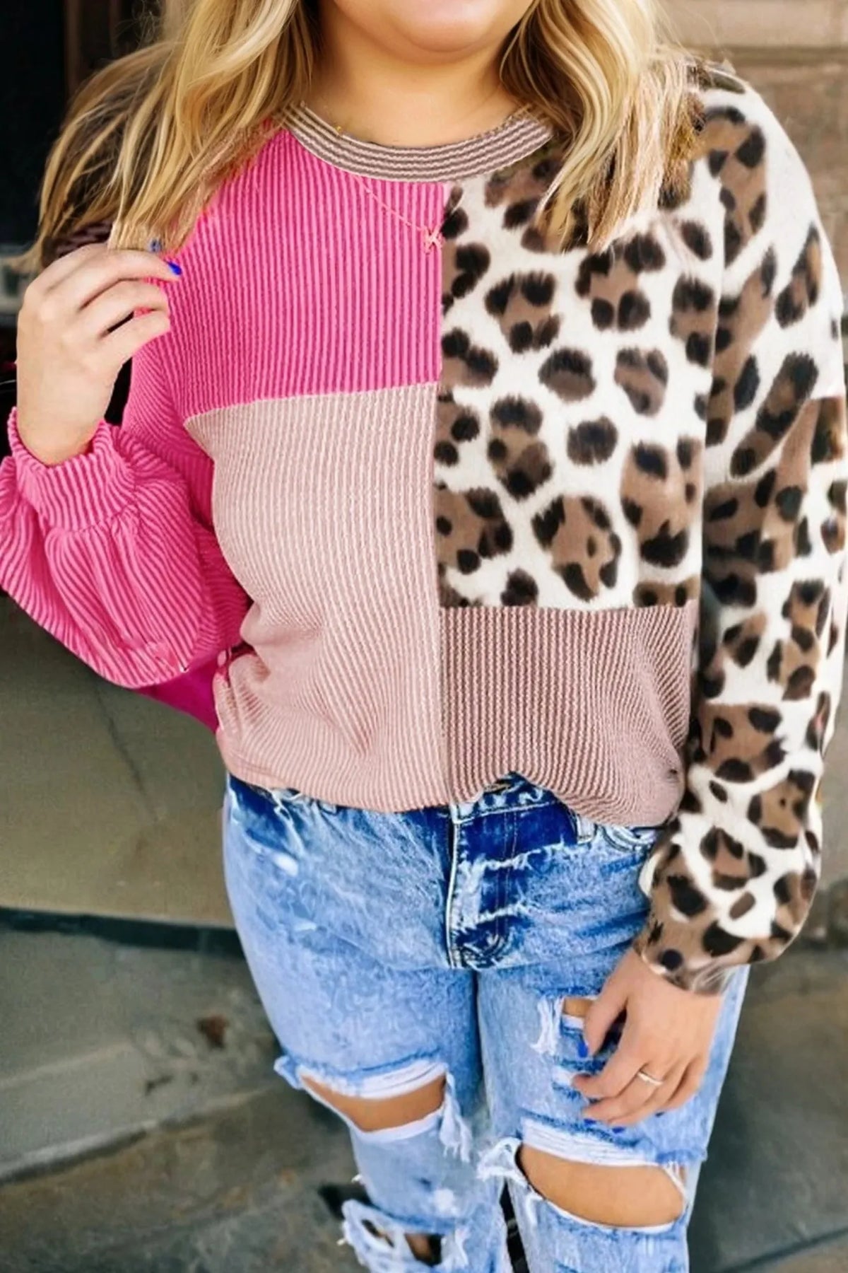 Women's rose red long-sleeve top with round neck, leopard print, and colour-block patch, sizes XL to 4XL