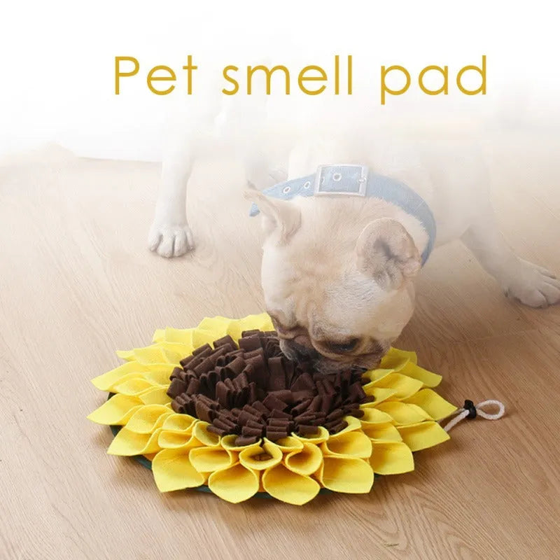Yellow sunflower pattern dog snuffle mat measuring 37.5cm square with rope attachment