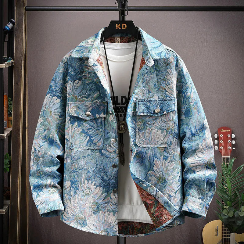Personality casual lapel shirt coat in colour 526 black with long sleeves and straight hem, size 2XL for 70.00-77.50 kg