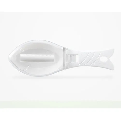 White fish-shaped kitchen scaler tool with a cover and hanging hole on handle