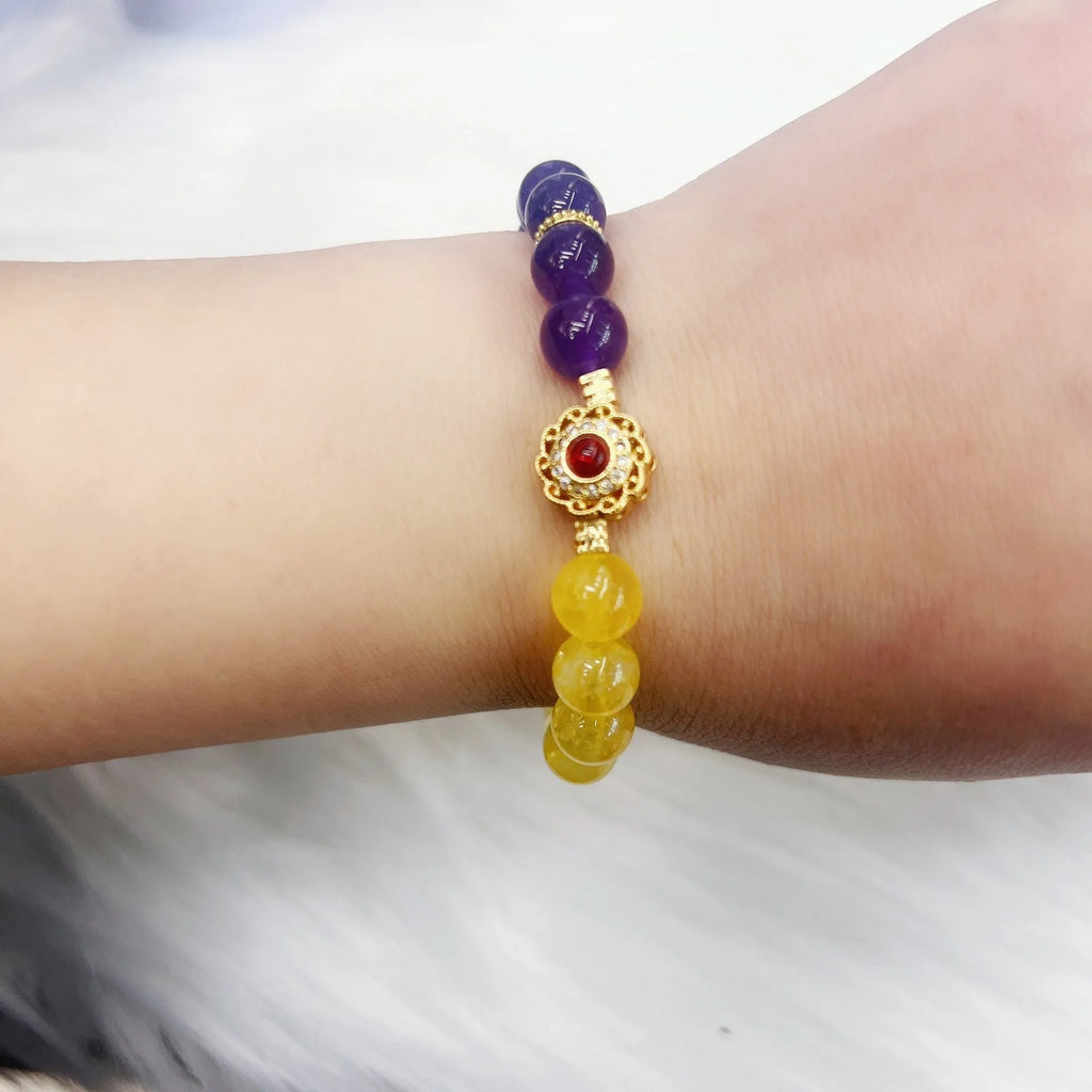 Handmade women's crystal bracelet with yellow and purple amethyst stones, manual craftsmanship