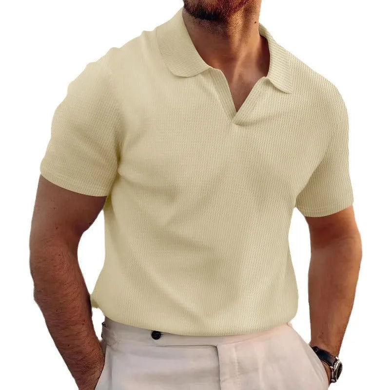 Men's slim fit heavy waffle textured T-shirt in grey, shown front-on.