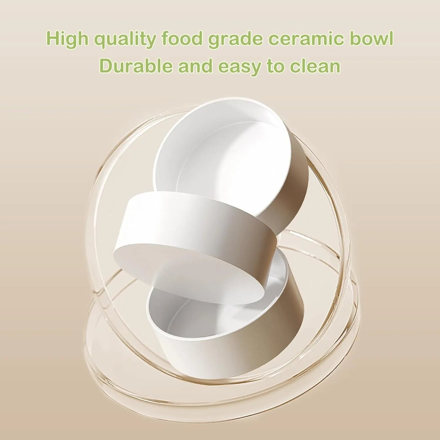 Ceramic elevated cat bowls with 15° tilted stand in green, white, or yellow, showing non-slip base and detachable bowls