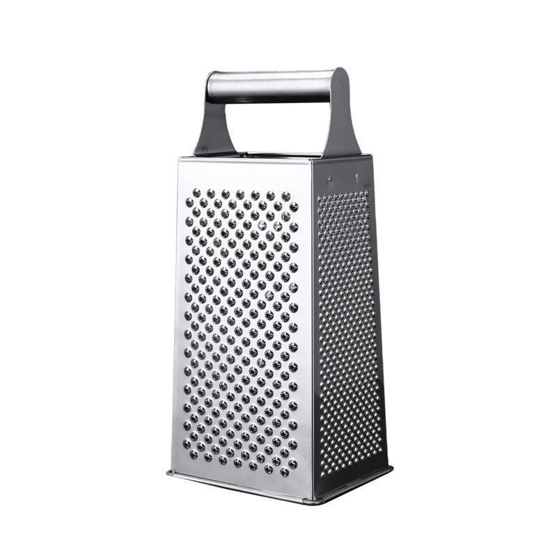 Stainless steel vertical grater with multifunctional design featuring interchangeable cylindrical and flat handles for secure grip during food preparation tasks