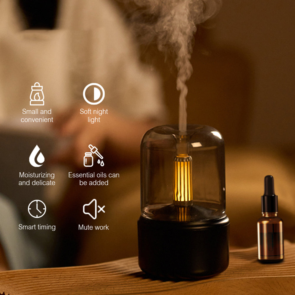 USB-powered aromatherapy diffuser with flickering candle simulation, operating below 36dB noise level for quiet spaces up to 10 square metres with 120ml water capacity