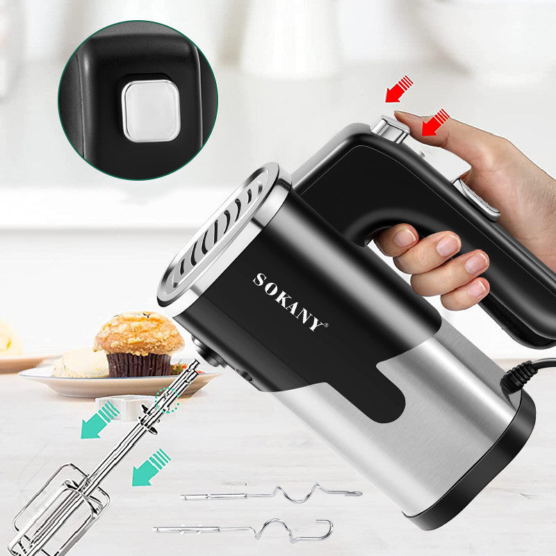 800W handheld electric whisk with 5-speed settings for efficient mixing and whipping, featuring stainless steel beaters and ABS construction measuring 26x19cm for kitchen tasks