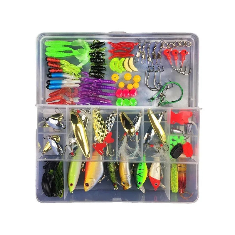 Junior fishing lure suit set with multiple baits inside a clear plastic PP storage box.