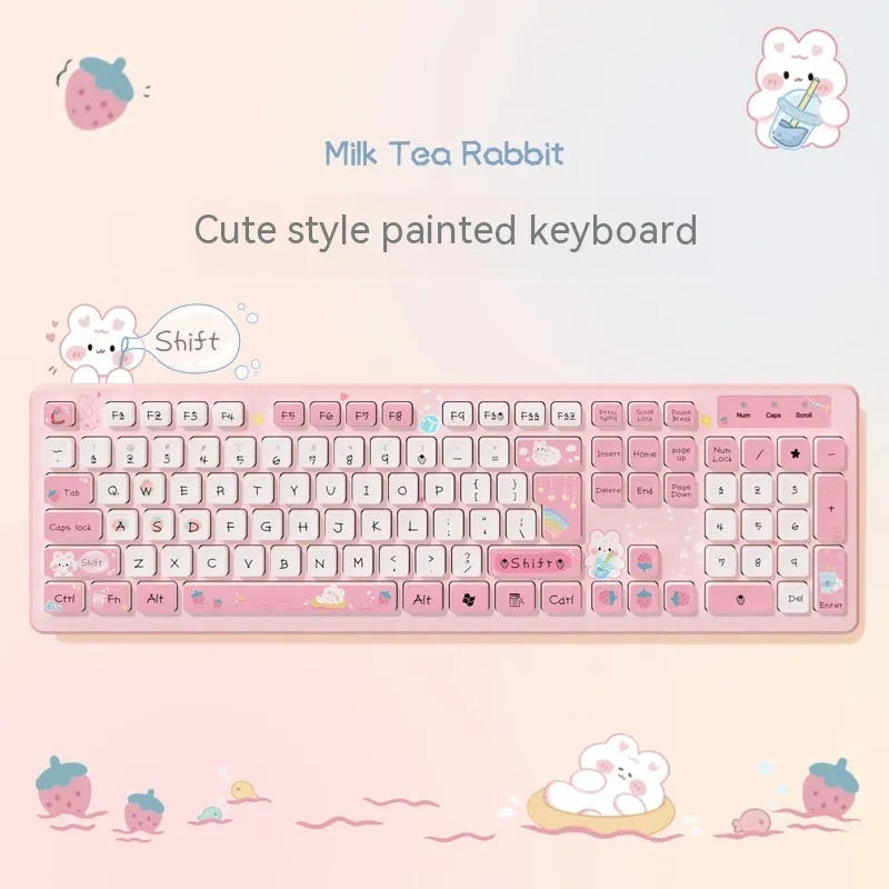 Milk tea rabbit cute chocolate keyboard in strawberry powder, ice blue, purple, green, or Iris tectorum Blue, wired or wireless.