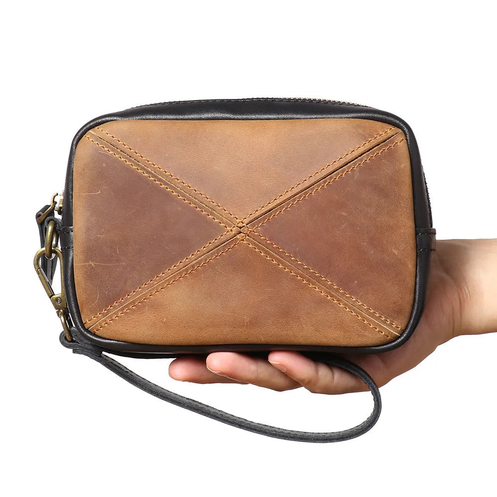 Unisex retro vintage brown first layer cowhide leather messenger bag with horizontal square shape and multi-layer zipper