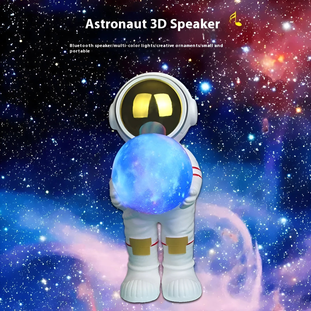 Spaceman-themed starry sky projection lamp with Bluetooth speaker on a bedside table.