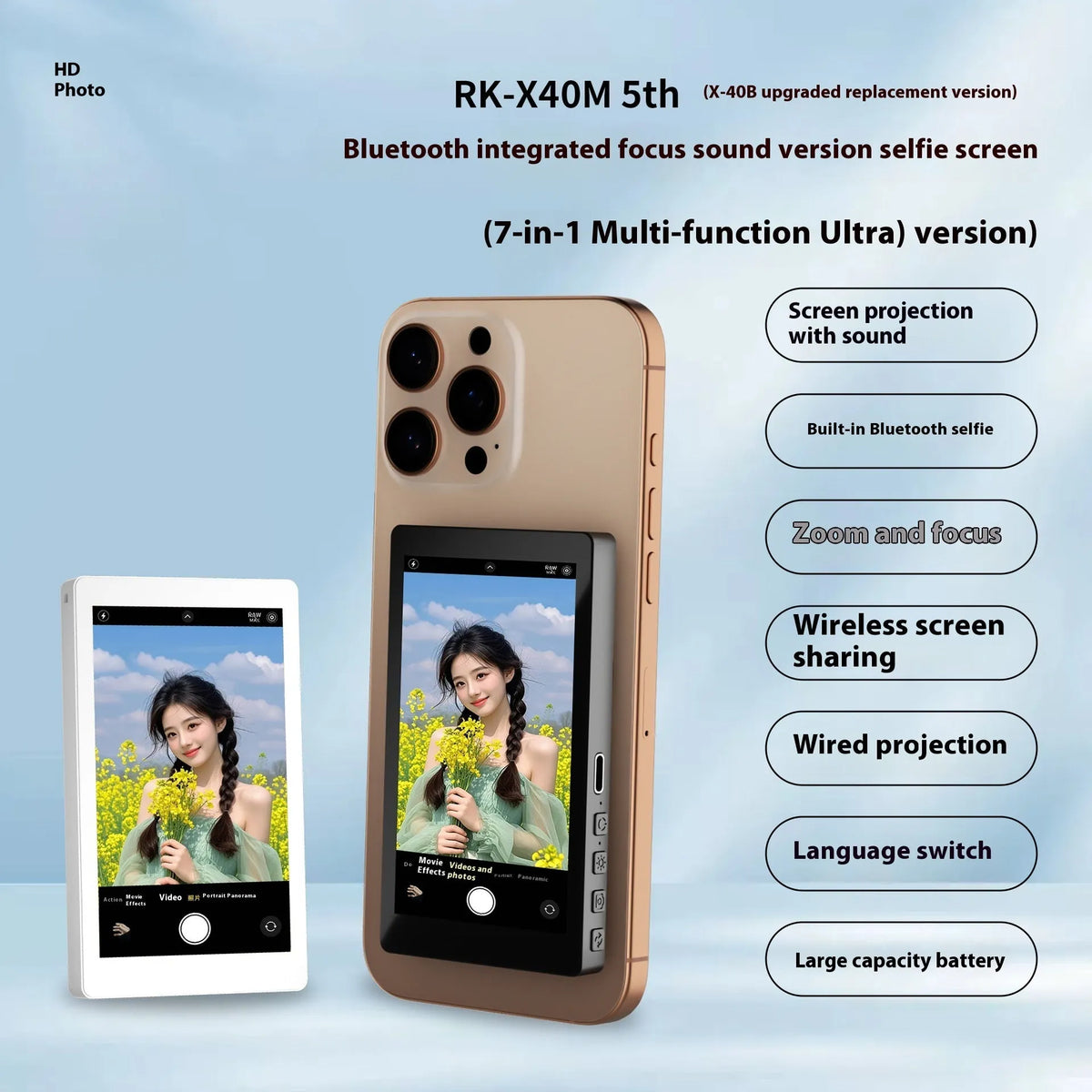 X40M Audio Zoom black magnetic mobile phone projector showing dimensions and USB port