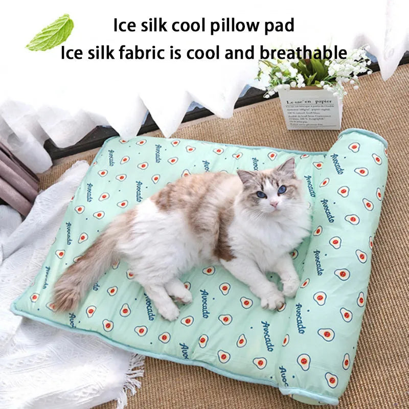 Ice silk cotton blend pet cooling mat in blue colour showing rectangular shape and breathable fabric texture