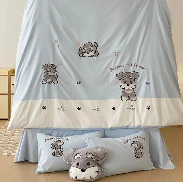 Schnauzer cartoon pattern cotton bedding set with embroidery detailing on quilt cover and pillowcases
