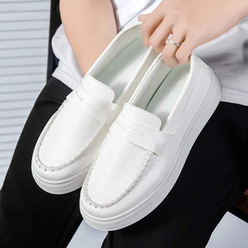British style casual leather shoes in artificial PU with round toe design in white, black and white, or khaki