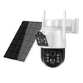 White wireless outdoor security camera with solar panel on a wall bracket.