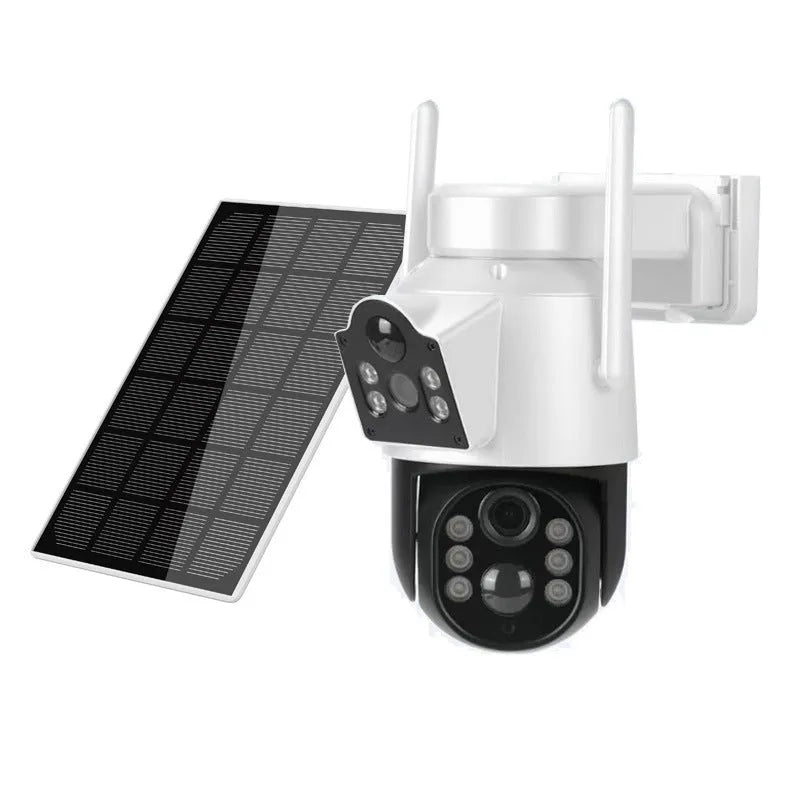 White wireless outdoor security camera with solar panel on a wall bracket.