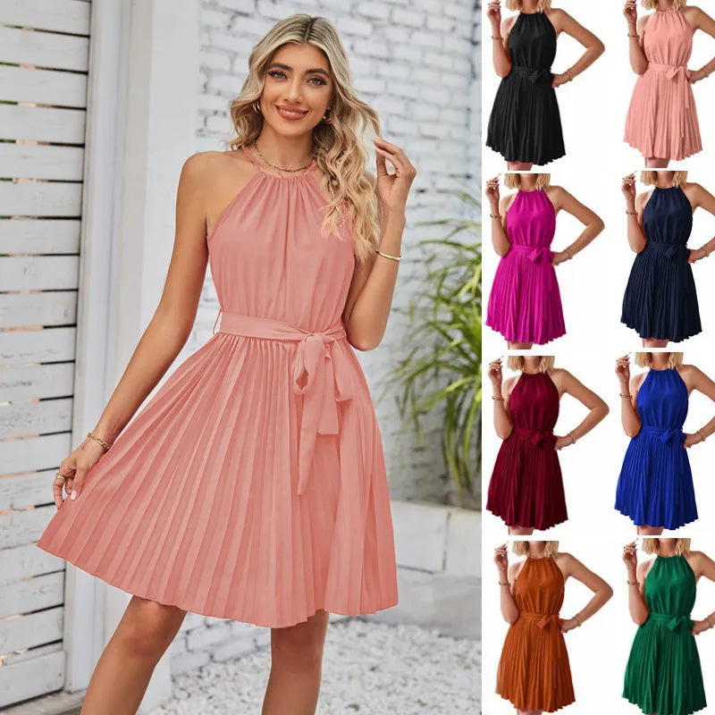 Women's halter strapless dress with pleated chiffon skirt and adjustable waist belt in summer colours