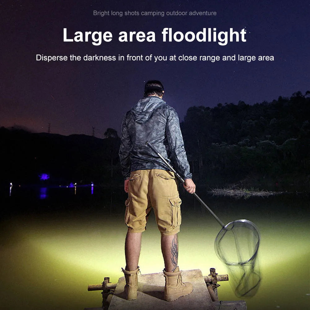 Rechargeable five head LED fishing headlamp with USB charging, 4500 lumens and 180-degree adjustable head