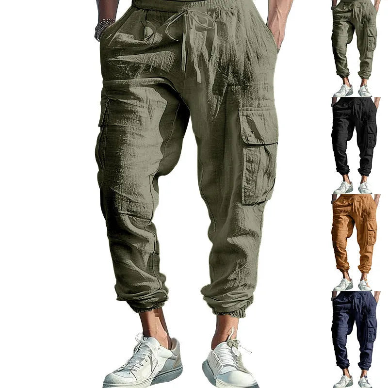 Men's loose-fit linen trousers with ankle ties and multiple pockets in solid colours