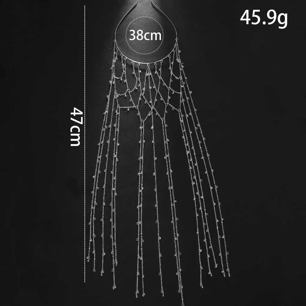 Gold electroplated mesh tassel rhinestone headband hair accessory