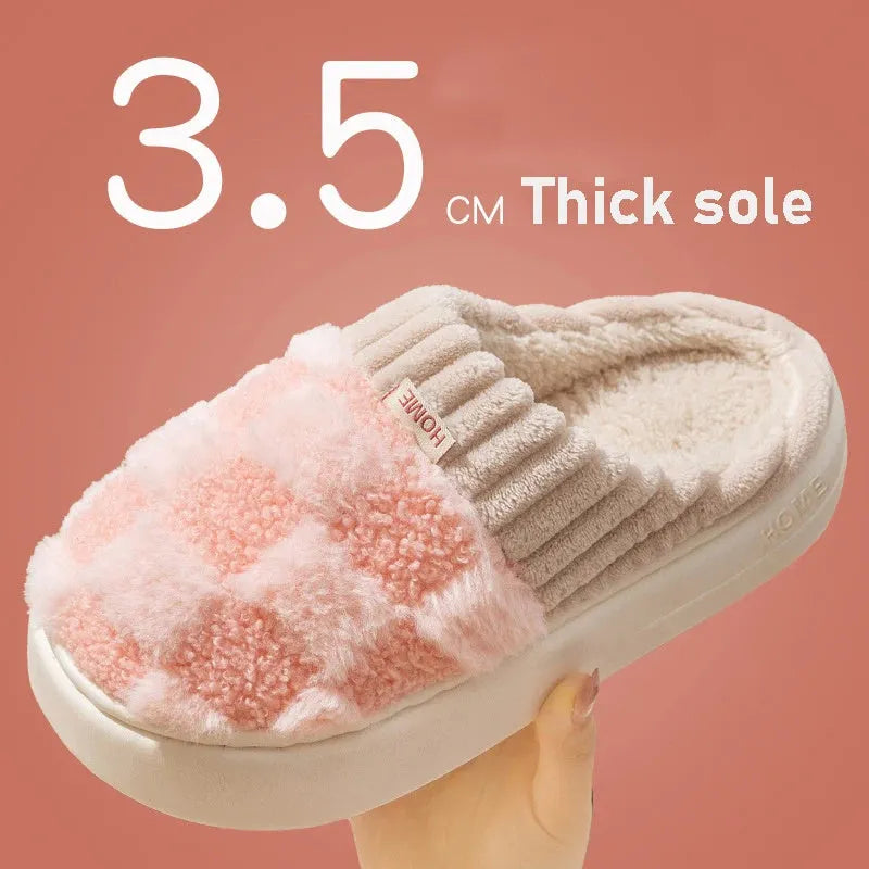 Plaid plush slippers for women with non-slip PVC sole and warm plush lining in multiple colours
