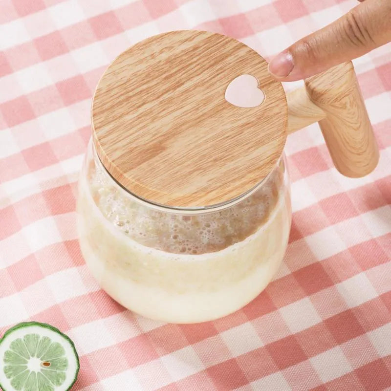 400ml clear borosilicate glass electric self-stirring coffee mug with mixing button.