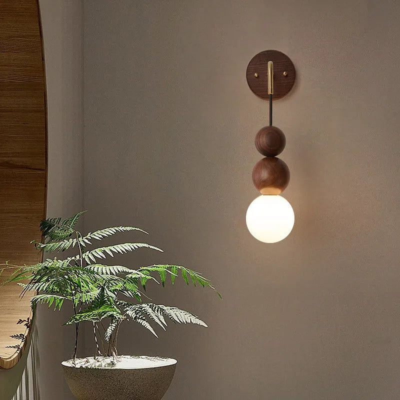 Suspension wire wall lamp in wood and copper with tri-colour bulb