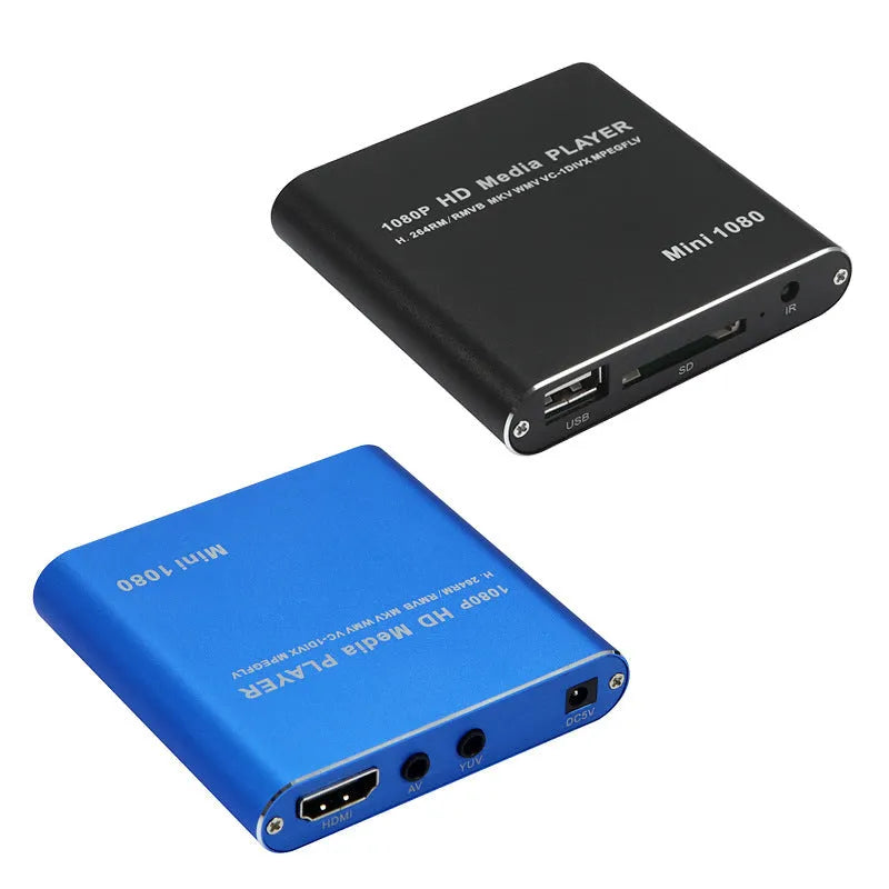 Compact black and blue Full HD 1080p media player with remote control on a wooden surface.
