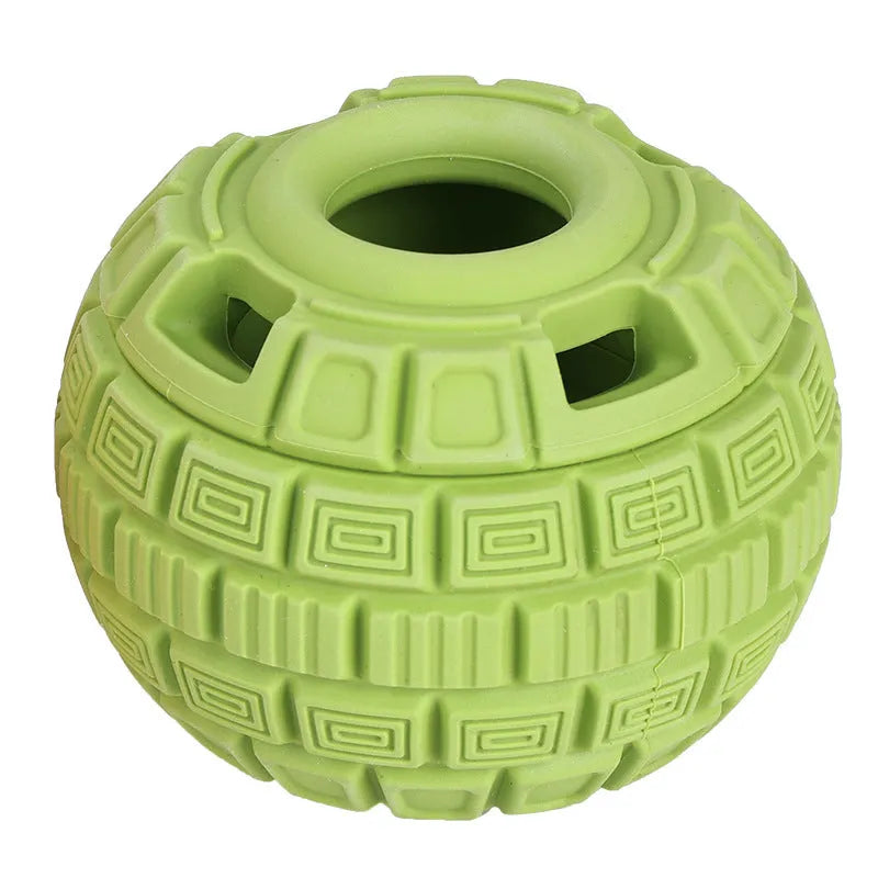 Green natural rubber dog treat dispensing ball with dropping function for mental stimulation